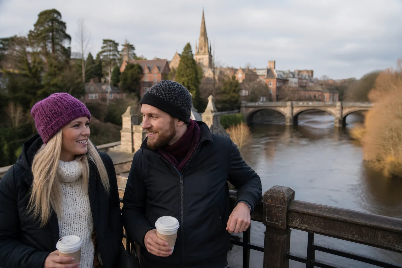 People walking beside the River Severn in Shrewsbury town centre