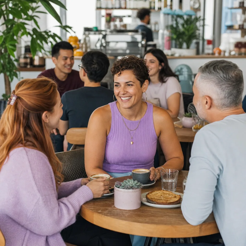 People speaking around a table during a small singles social
